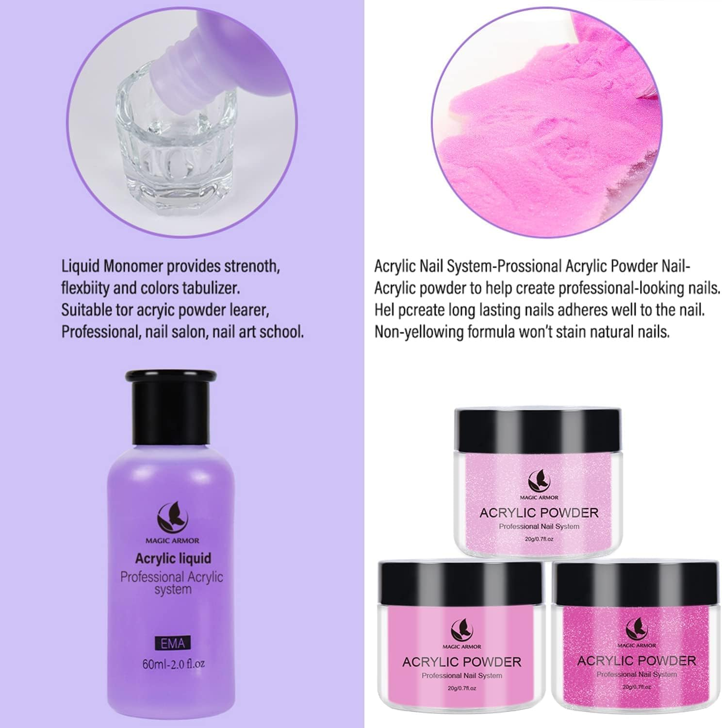 MAGIC ARMOR Acrylic Nail Kit - Professional Liquid & Powder Set with Brush Tips for Beginners image number 3