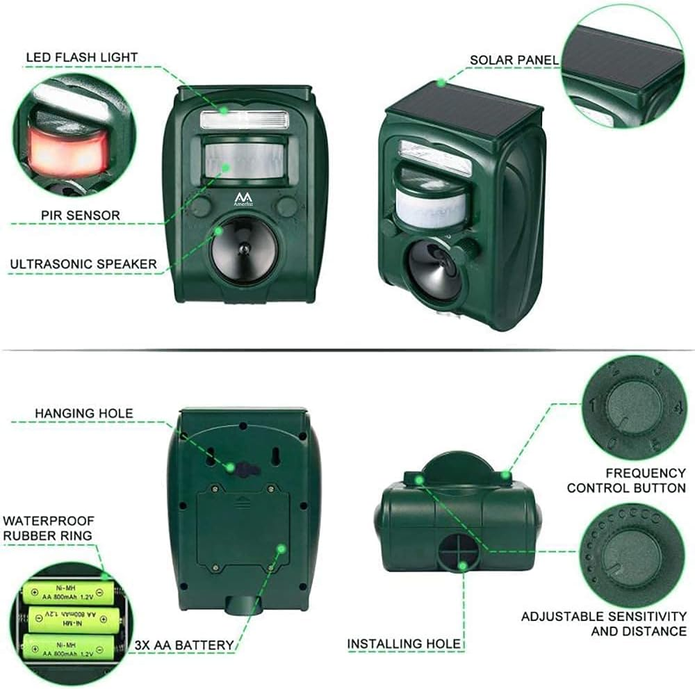 AMERFIST Solar Animal Repeller, 2021 Ultrasonic Mole Repellent, Rat, Squirrel, Deer, Raccoon, Skunk, Rabbit, Mole, Dog, Cat, Waterproof with Motion Detector, USB Rechargeable, Flashing Light (Green) image number 5