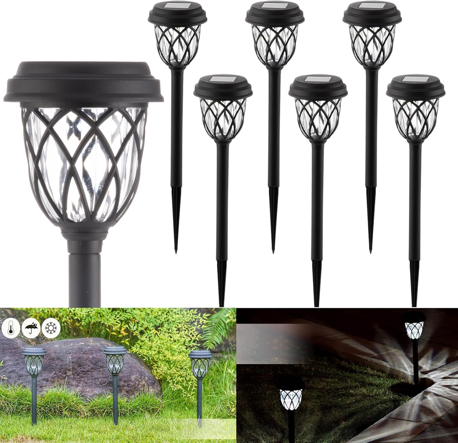 Zarek 6 Pack Solar Pathway Lights, Outdoor White LED, IP44 Waterproof, 16.5In, 6 Hours Lighting, Black, Solar Garden Lights image number 4