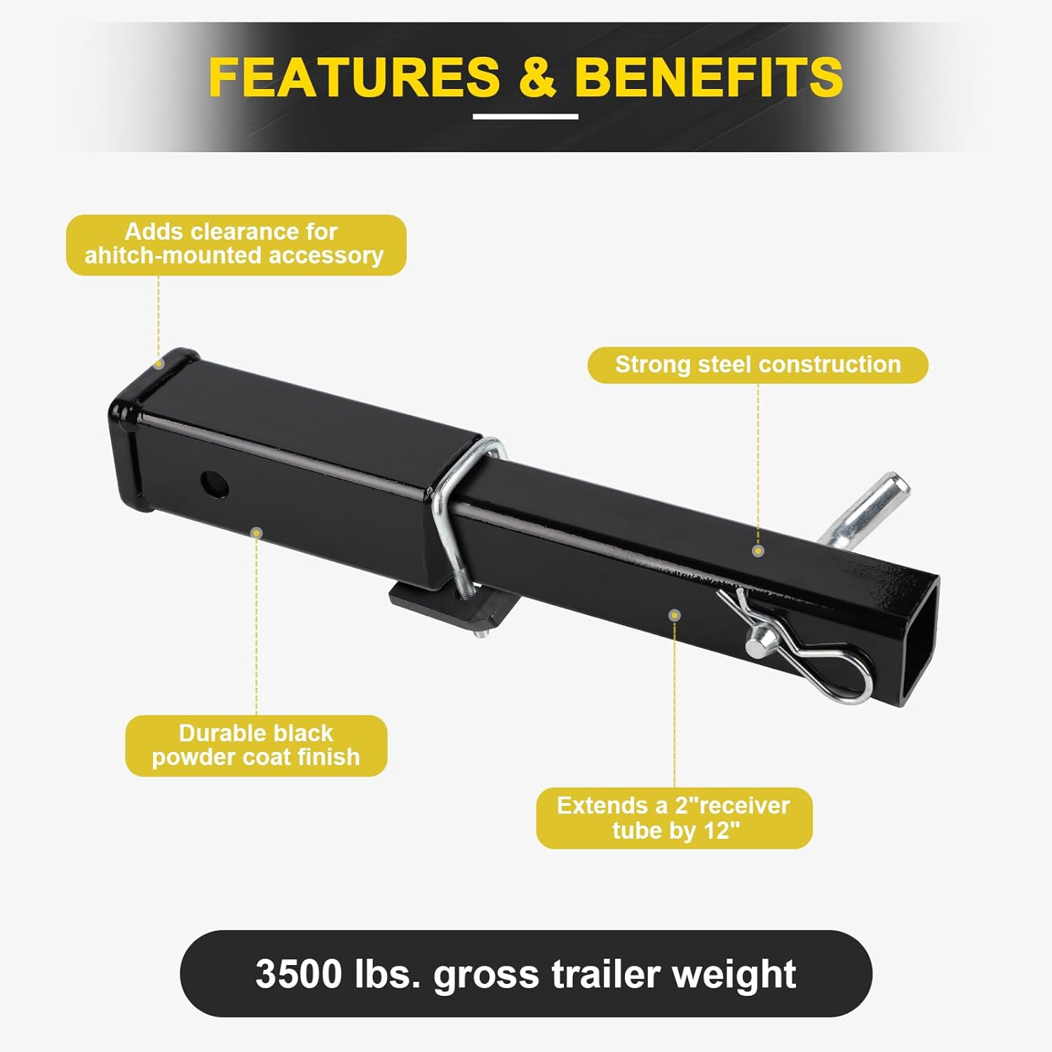 CPROSP 12'' Trailer Hitch Extension with Hitch Tightener anti Rattle Stabilizer, Fits for 2" Receiver Tube Tow Bar Steel Shank Heavy Duty 6000 Lbs, Hitch Extender with 5/8'' Pin Hole image number 2