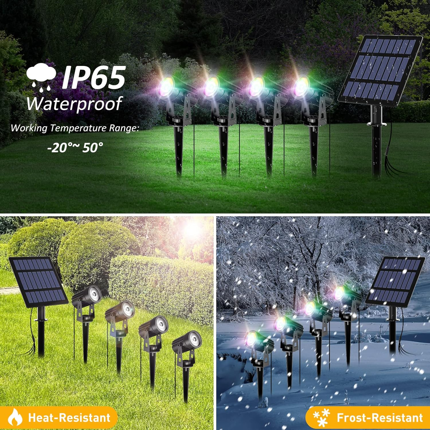 T-Sun RGB Solar Spotlights Outdoor, 5W Solar Lights with 4 Pack Headlights, IP65 Waterproof Color Changing Spot Lights Outdoor Security Wall Lights for Garden, Yard, Driveway, Pool Area(Rgb) image number 6