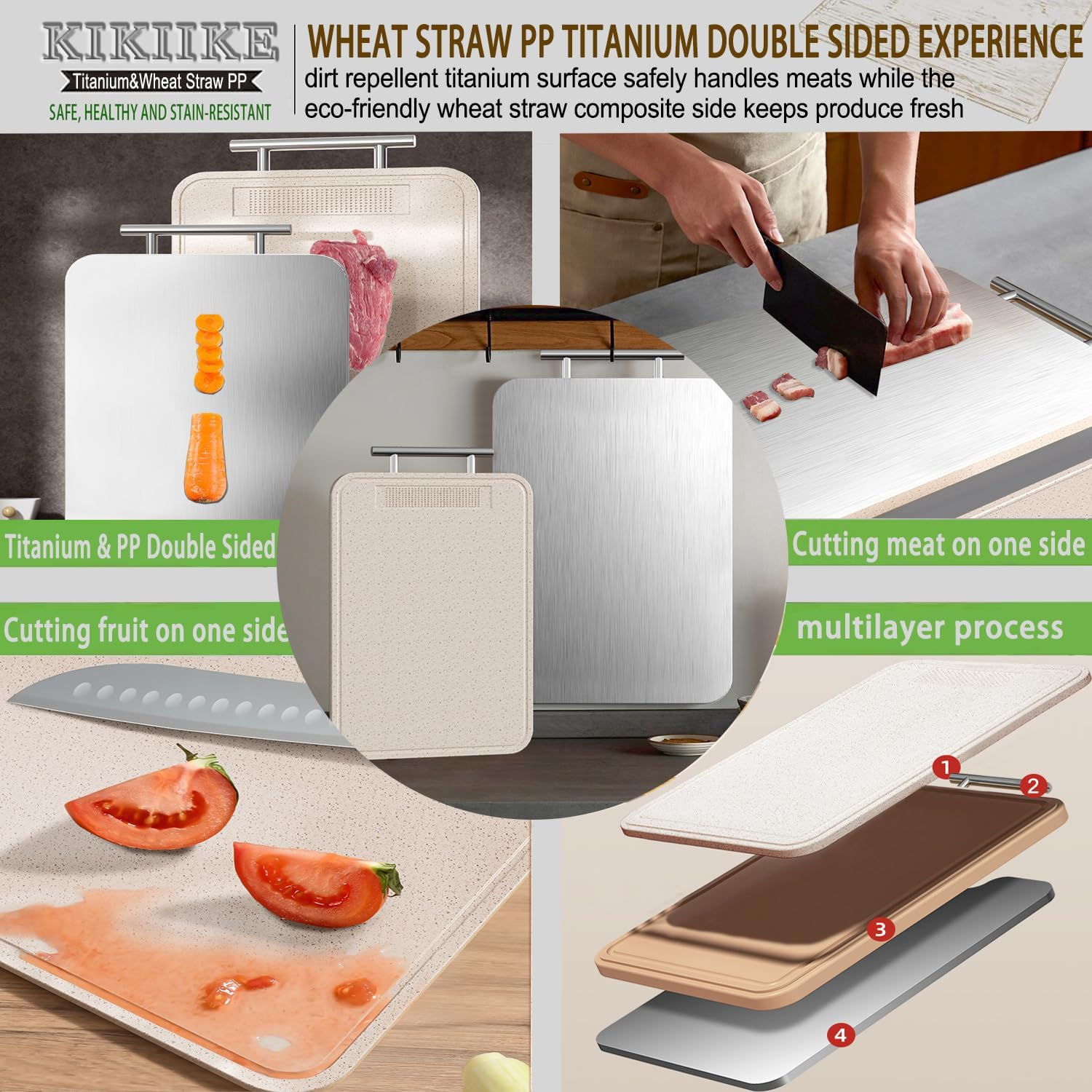Titanium Cutting Board Double Sided Pure Titanium Cutting Boards for Kitchen, Pure Titanium & Wheat Straw PP Food Grade Metal Chopping Boards Easy to Clean Large Size image number 2