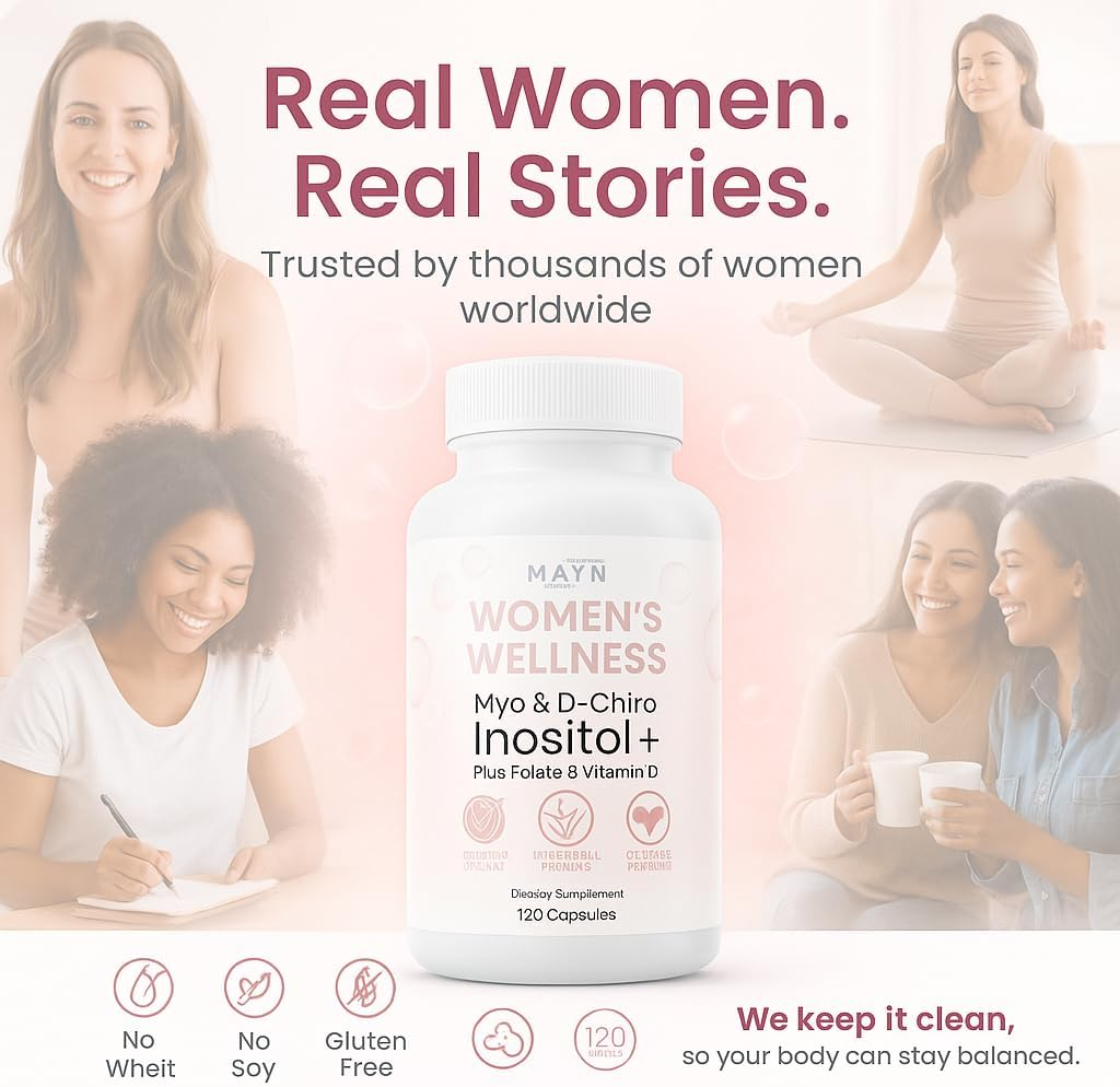 Myo-Inositol + D-Chiro Inositol 40:1 Complex &ndash; with Folate & Vitamin D3 &ndash; 2000Mg Myo + 50Mg D-Chiro &ndash; Women&rsquo;S Wellness Formula &ndash; 120 Vegan Capsules by MAYN image number 1