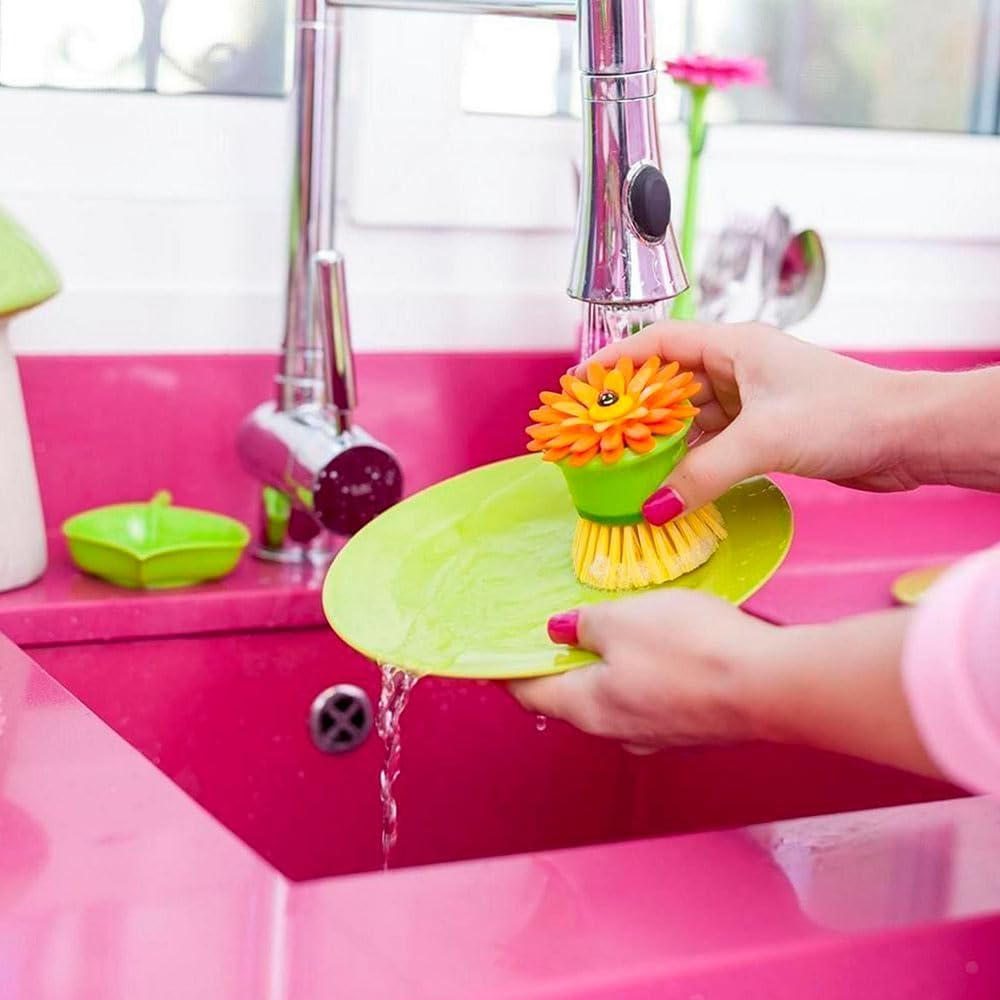 Vigar Flower Power Palm Dish Brush with Holder, Orange (2 Pieces)