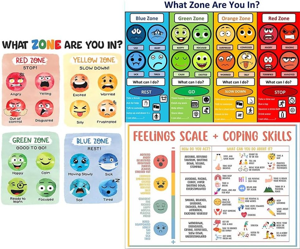 CULION Zones of Regulation Poster, Feelings Posters, Feelings Chart for Kids, Emotions Poster, Autism Sensory Products, Set of 4 (08&times;12Inch)