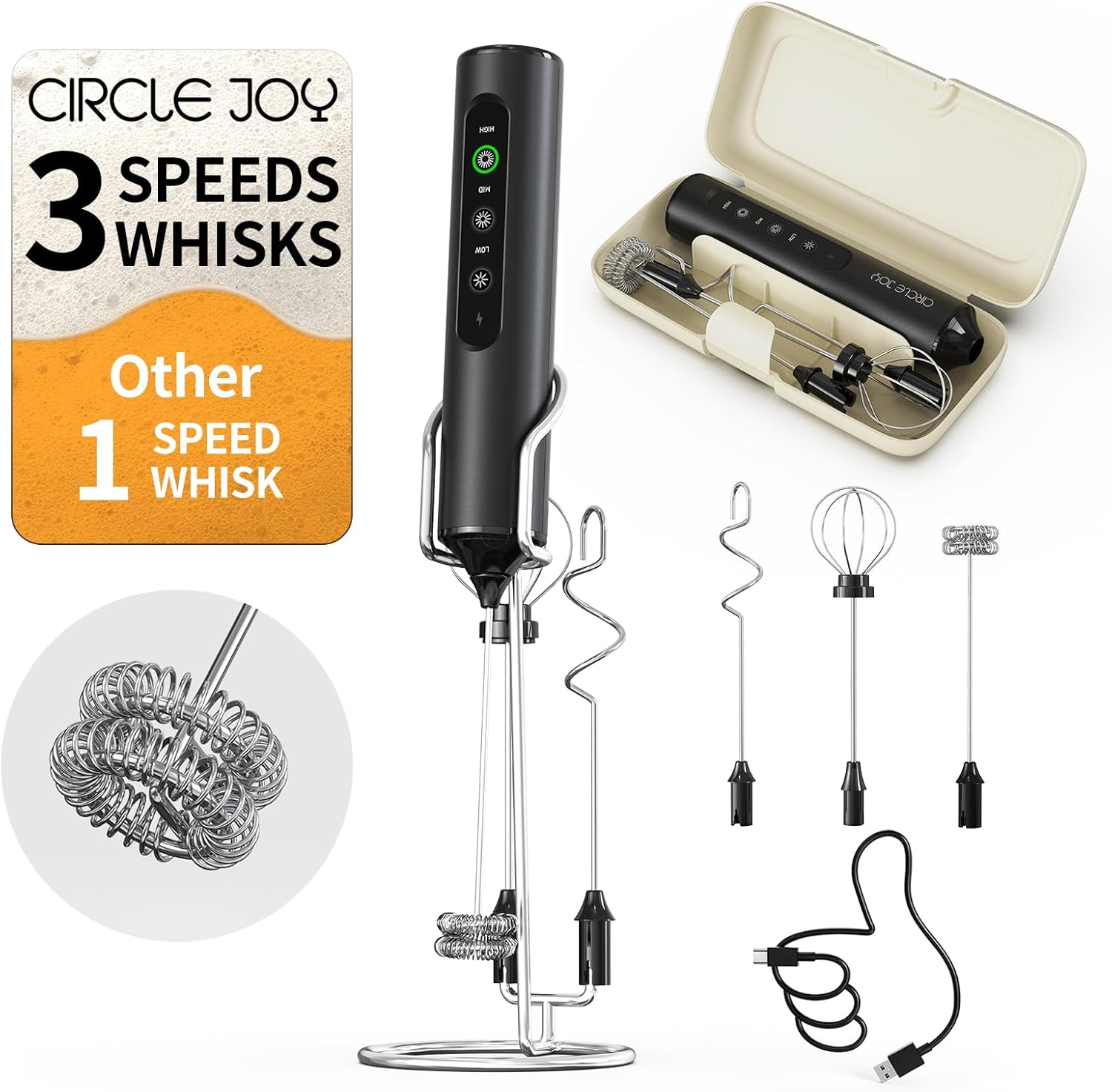 CIRCLE JOY Rechargeable Handheld Milk Frother Wand with 3 Variable Speeds, 3 Whisks and Storage Box, Electric Drink Mixer for Latte, Cappuccino, Hot Chocolate, Eggs and Protein Powder, Black