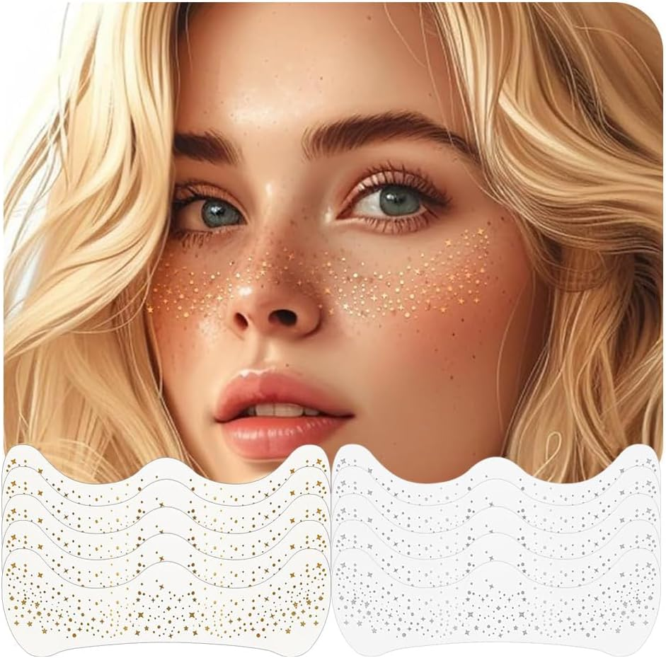 12Pcs Glitter Freckles Tattoo Stickers, Glitter Freckles for Face, Waterproof Gold and Silver Tattoo Stick Glitter Tattoo Makeup Sticker for Party, Masquerade (Gold+Silver) image number 4