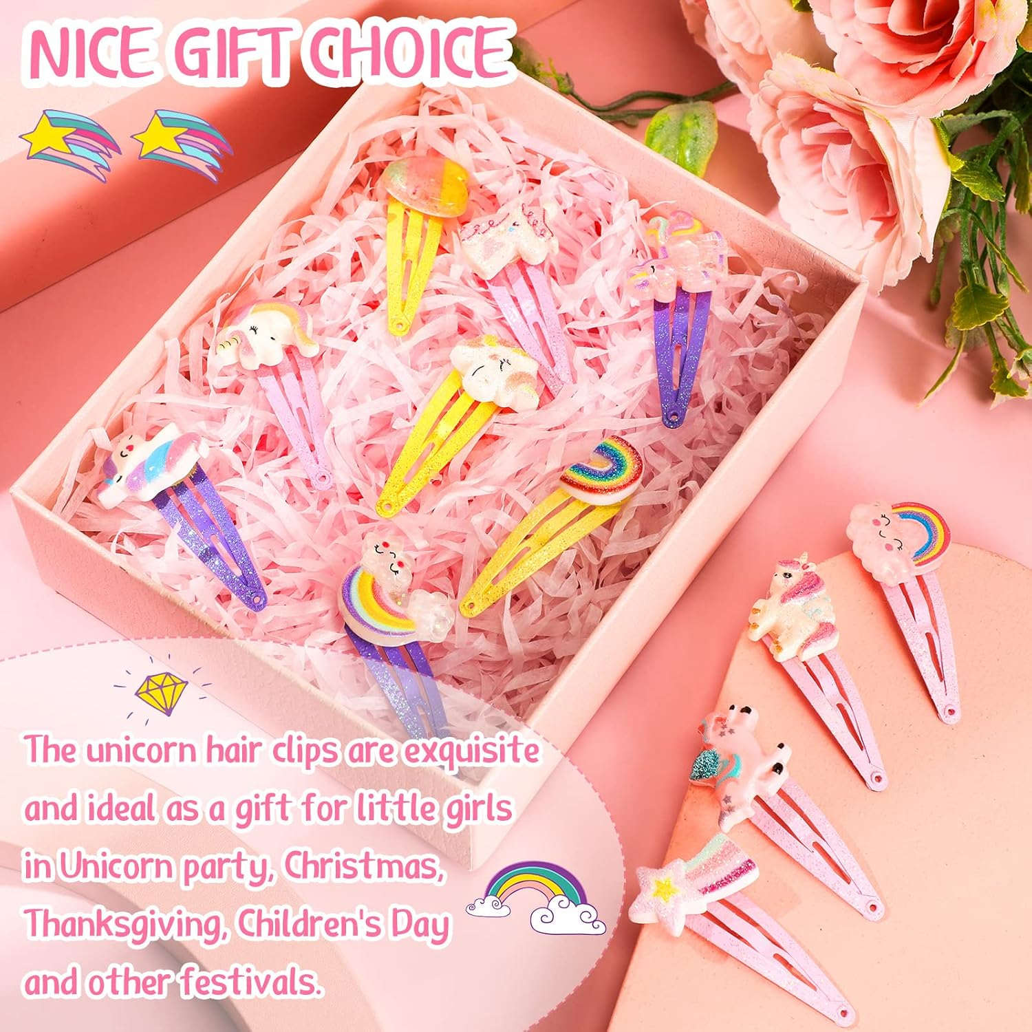 Hanaive 24 Pcs Rainbow Unicorn Clips Metal Clips Butterfly Snap Barrettes Cute Mermaid Hair Pins Sparkly Animal Hair Accessories for Toddlers Little Girls Birthday Party Gifts(Rainbow Pattern) image number 2