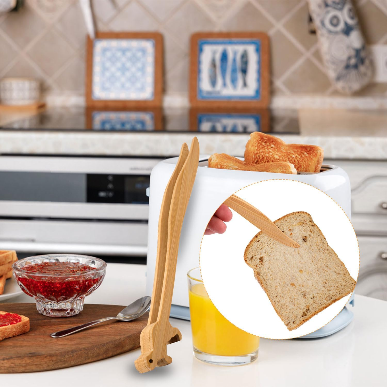 Bamboo Toast Tongs, 9In Cute Squirrels Pattern Heat Resistant Wooden Toaster Tongs Multipurpose Wood Serving Tongs Kitchen Gadgets for Cheese Meat Fruits Bread Fried Food image number 3