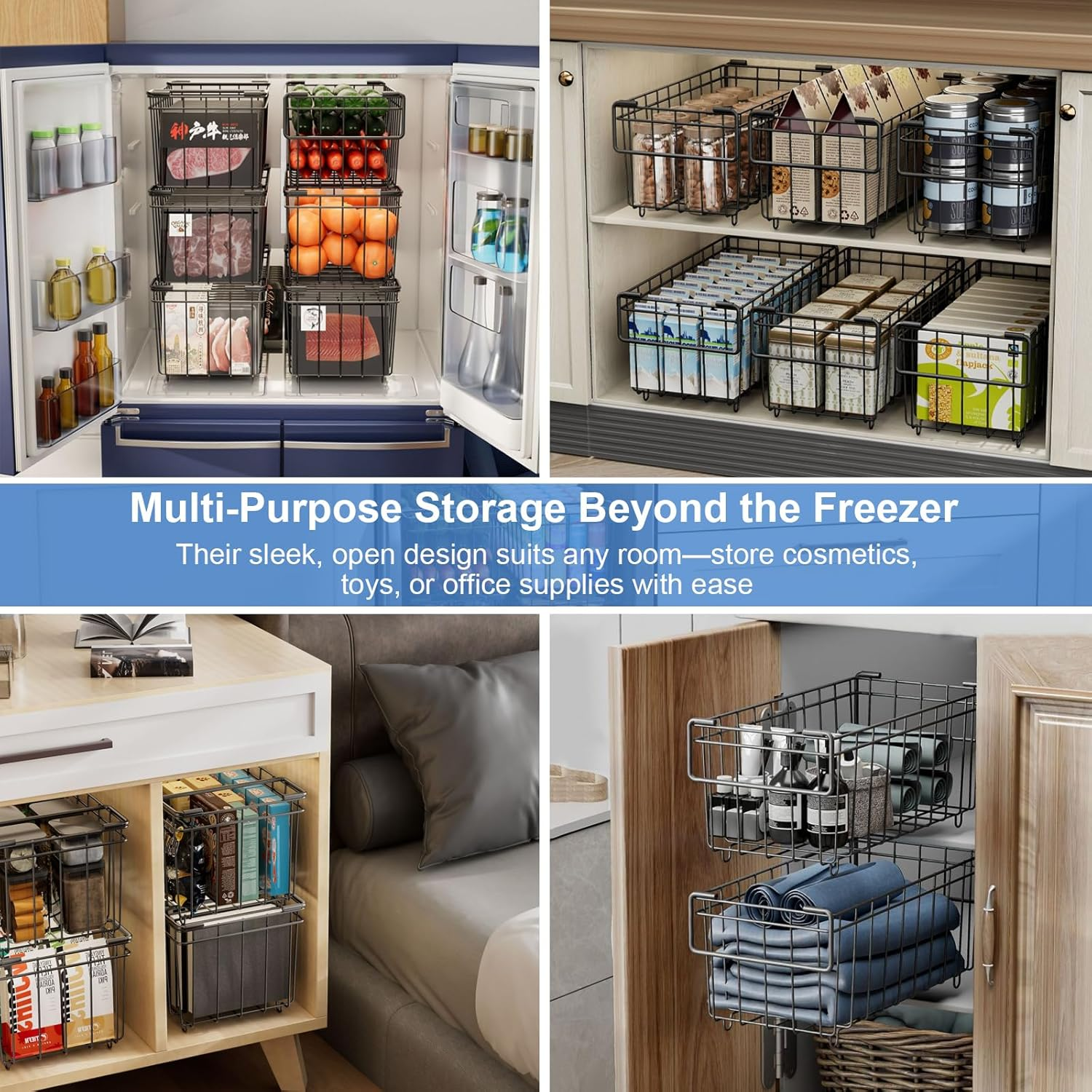 6 Pack Freezer Organizer Bins, Stackable Deep Chest Freezer Organizer Bins, Metal Foldable Baskets with Handles, Black Wire Freezer Storage Bin with Better Space Utilization (37&times;18&times;15Cm) image number 6