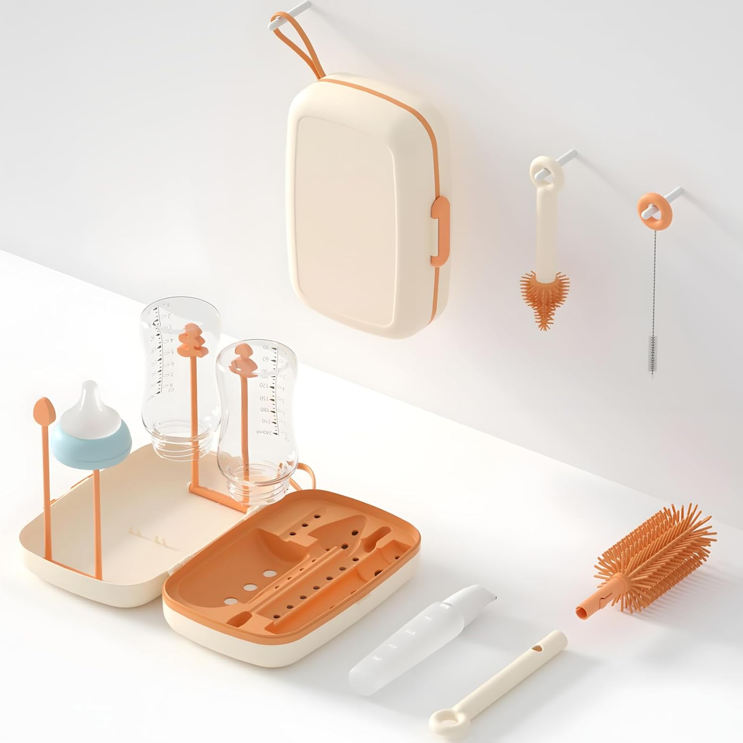 Travel Baby Bottle Brush Set with Portable Silicone Bottle Brush Nipple Cleaner Brush Straw Brush Soap Dispenser and Bottle Drying Rack (Green)