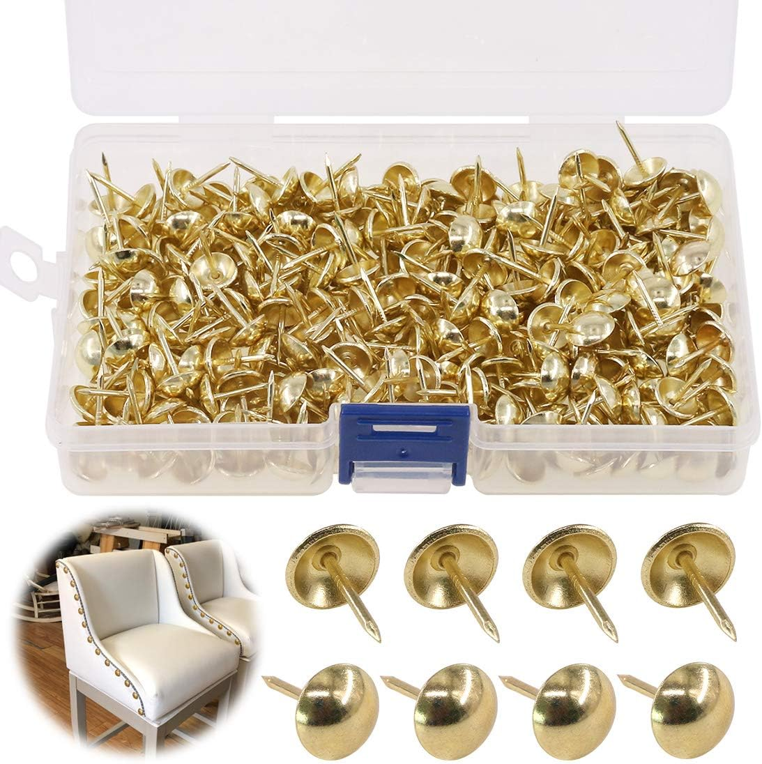 Keadic 300Pcs 7/16" (11Mm) Antique Upholstery Tacks Furniture Nails Pins Kit for Upholstered Furniture Cork Board or DIY Projects - Gold image number 1