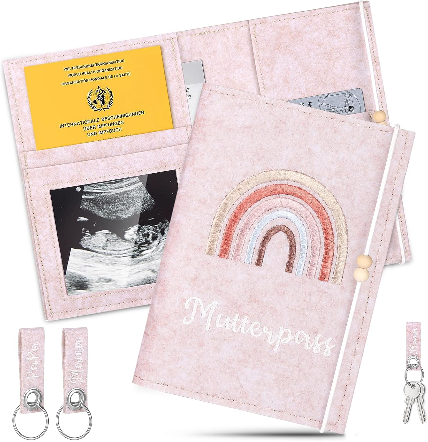 Maternity Log Protective Cover, German Maternity Log Cover Felt, Maternity Log Cover Rose with 2 Key Chains, Cover Maternity Log with Compartments for Ultrasound Image, Vaccination Certific image number 2
