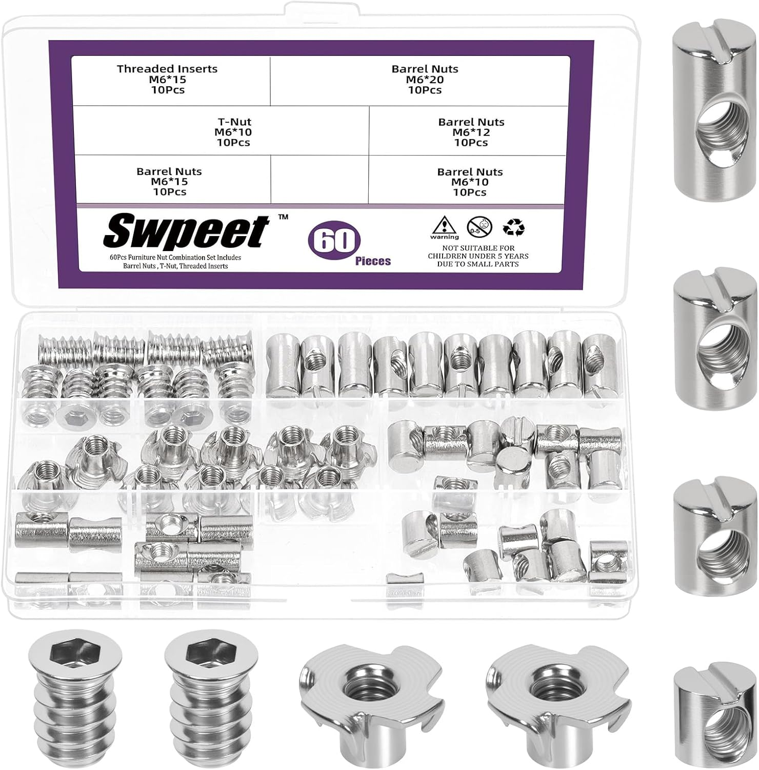 Swpeet 40Pcs Metric M6&times;20Mm Nickel Plated Barrel Nuts Kit,Cross Dowels Slotted Nut, Furniture Nuts Embedded Nut for Beds Crib Chairs Hardware Replacement