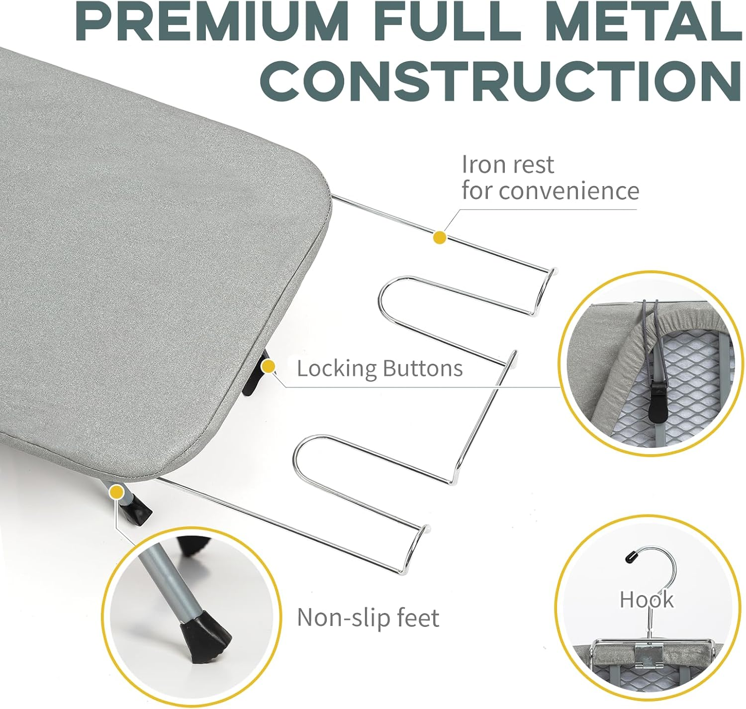 Metal Foldable Tabletop Ironing Board with Iron Rest, Portable Ironing Board Small with Heat Resistant Cotton Cover, RAINHOL Mini Iron Board for Small Space and Travel, 31"X12", Gray image number 4