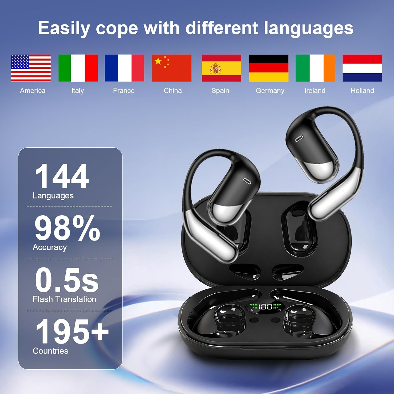 AI Translation Earbuds Real Time, 3-In-1 Translator Earbuds 144 Languages & Accents, Audifonos Traductores Ingl&eacute;s Espa&ntilde;ol,Open Ear Wireless Headphones with Charging Case Fit Ios & Android
