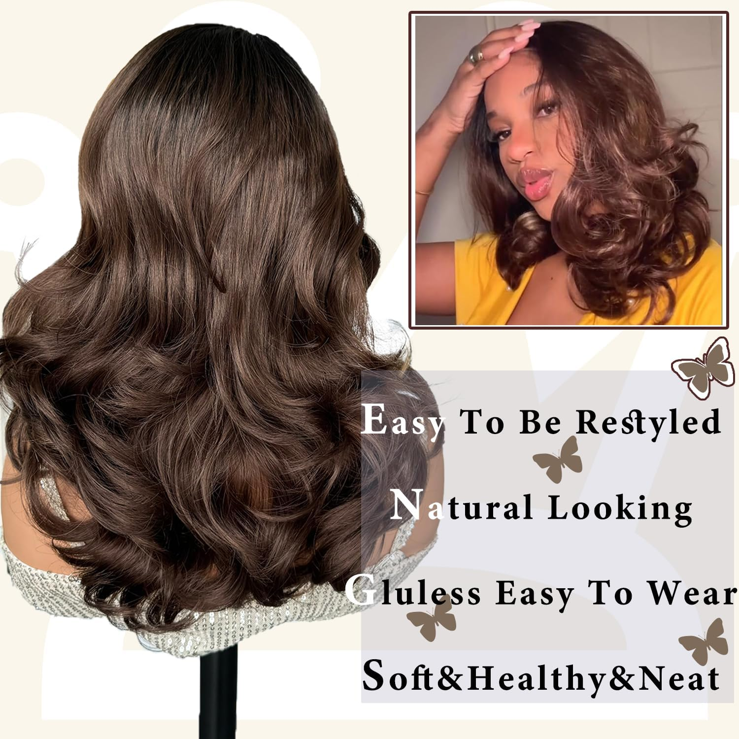 Synthetic Brown Lace Wigs 18 Inches Short Square 13 X 6 Lace Front with Free Parting Pre-Plucked Wavy Wigs for Women image number 1