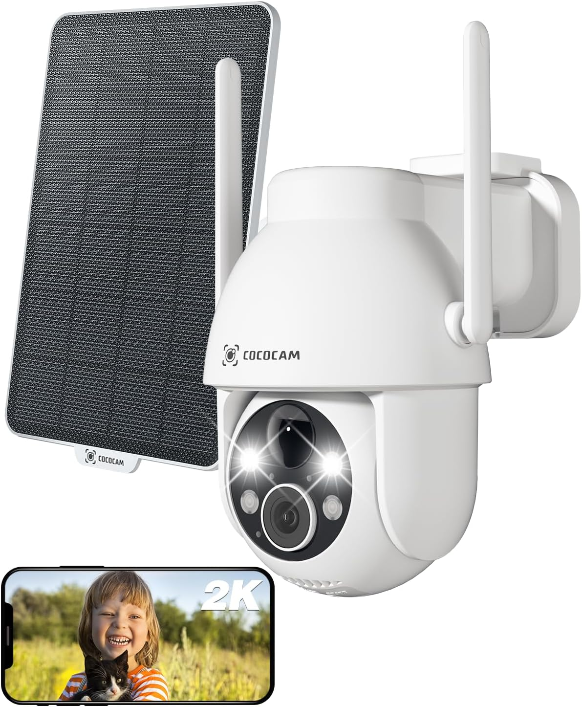 COCOCAM Solar Camera Outdoor Wireless, 2K PTZ 2.4Ghz Wi-Fi, Home Security, AI Motion Detection, Color Night Vision, 2-Way Audio, IP66, Cloud (White) image number 3