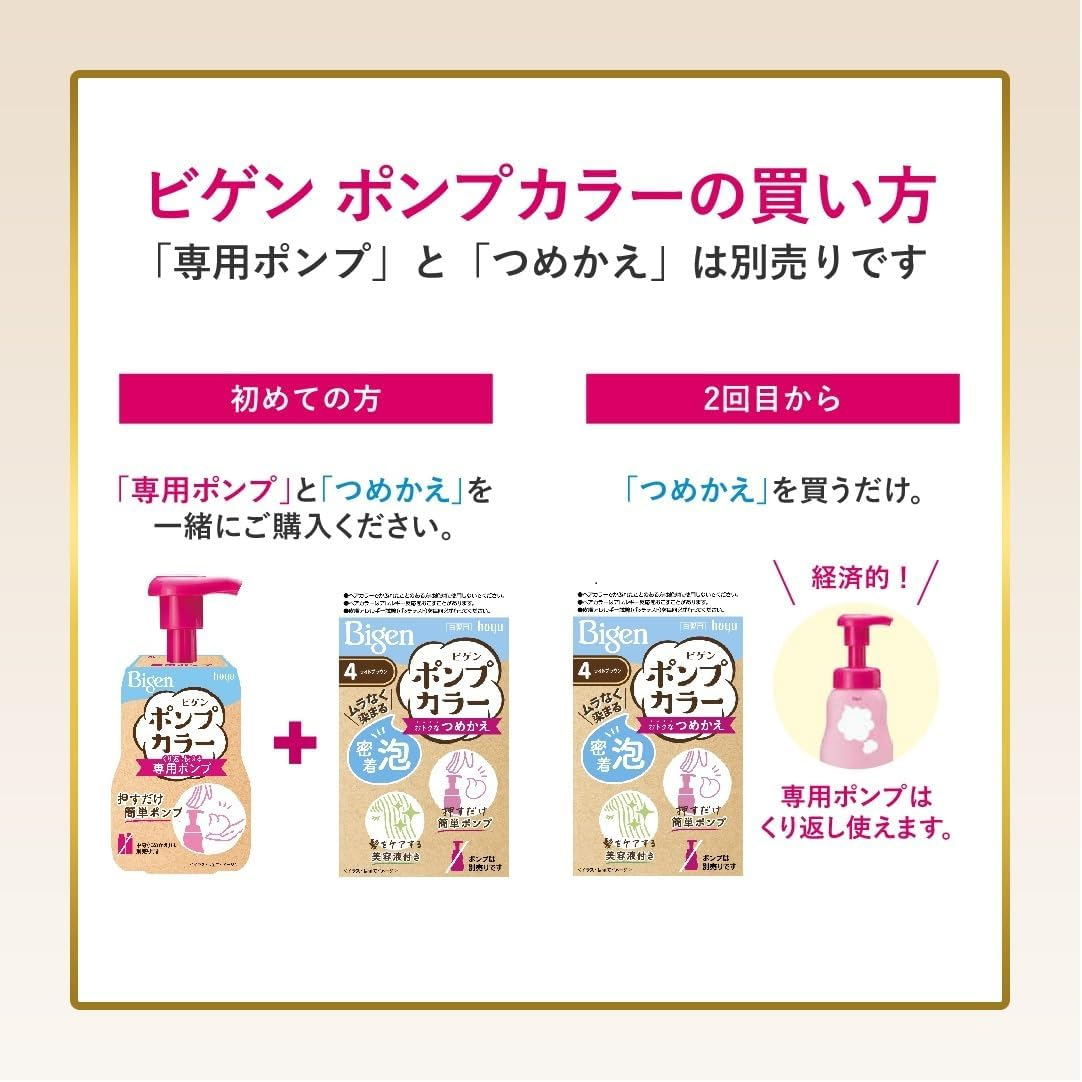 Hoyu Bigen Pump Color 4 4 (Light Brown), 2 Refills + 1 Exclusive Empty Bottle Included image number 2