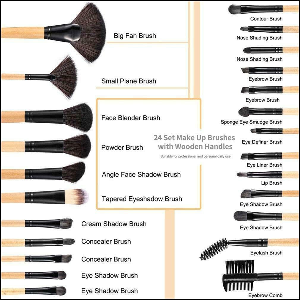 24 Pcs Professional Makeup Brush Kit Set Cosmetic Make up Beauty Brushes Bag - with Soft Synthetic Bristles, Wooden Handles, and PU Storage Bag - Perfect Beauty Tool Kit for All Cosmetic Needs - Wood image number 2