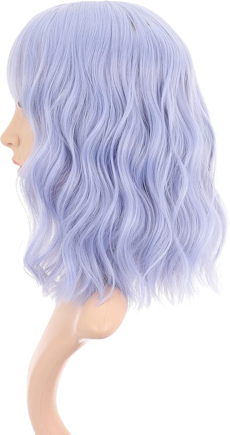 FAELBATY Light Blue Wave Bob Wigs with Bangs Synthetic Cosplay Wig for Girl Shoulder Length Wig for Women Costume Wigs Mixed Blue(12" Light Gray Blue) image number 6