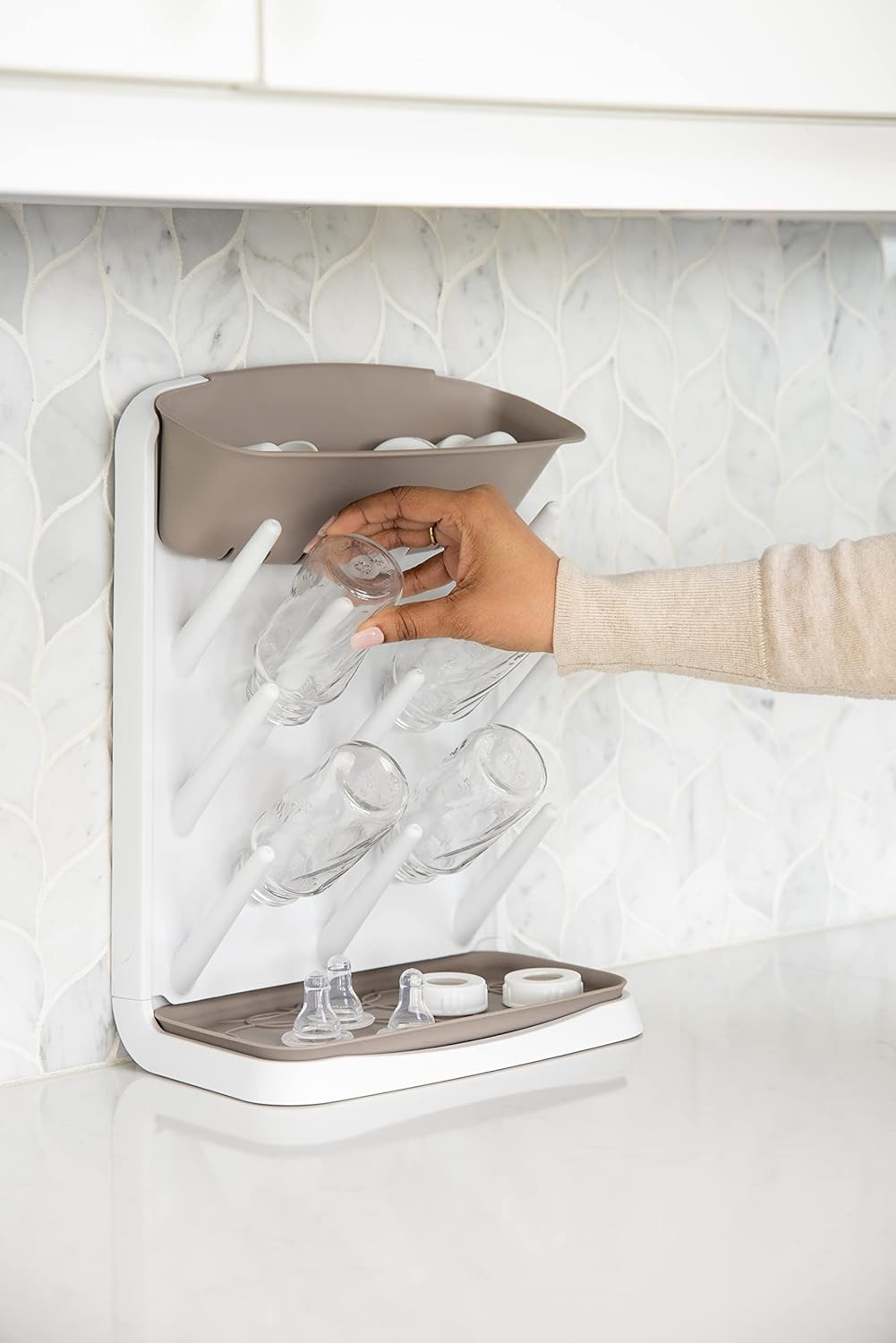Ubbi Vertical Baby Bottle Drying Rack, Space Saving Countertop Drying Rack Baby Accessory, Taupe image number 2