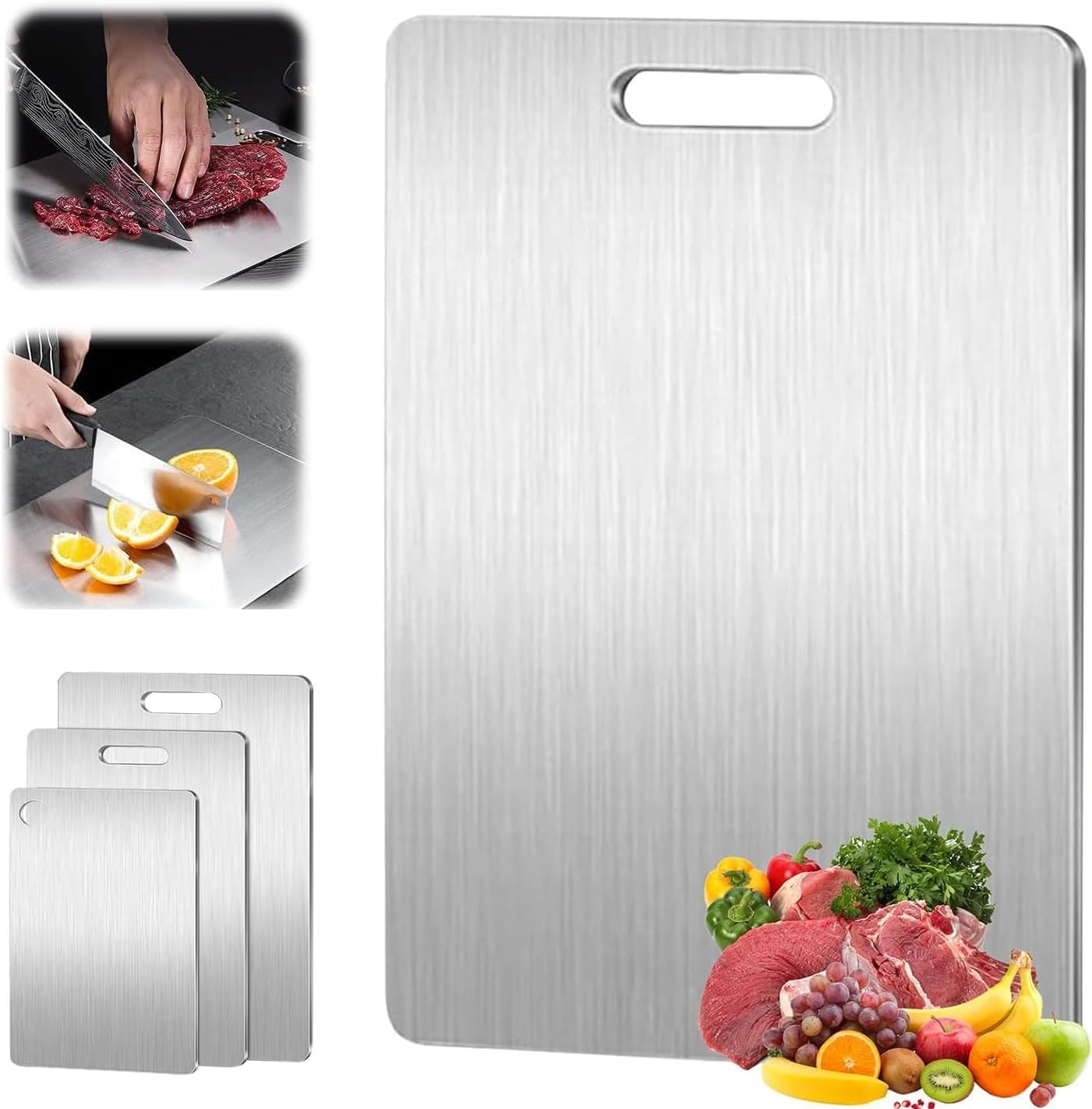Goodern Titanium Cutting Board,Stainless Steel Double Sided Food-Grade Worktop Chopping Board with Hanging Hole,Non Stick Heavy Duty Metal Cutting Mat for Meat Vegetable Fruit Kitchen Home-L(28*39Cm) image number 5