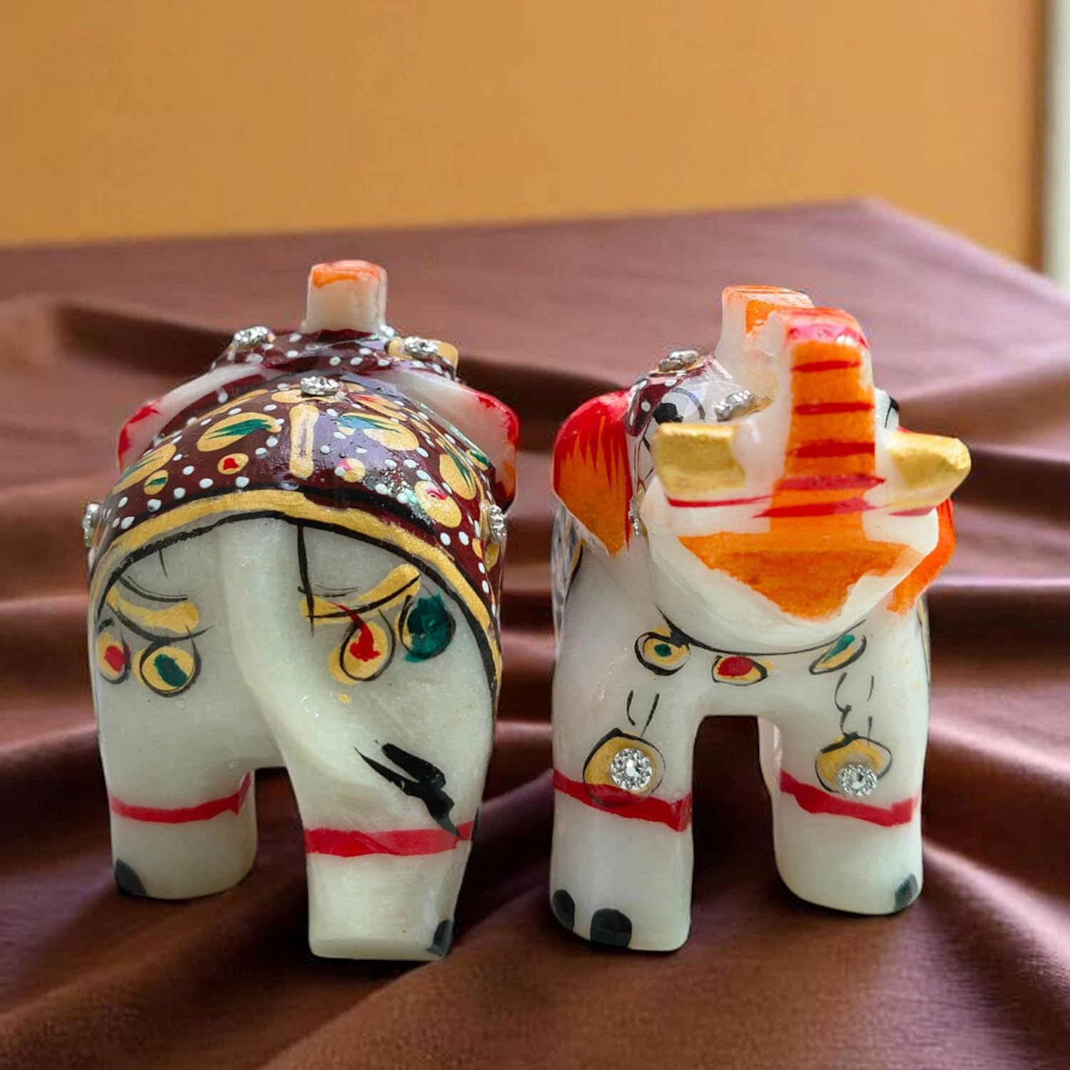 Natural White Marble Elephant Statue Pair 3X2.25 &ndash; Hand-Painted Multicolor Figurines &ndash; Gold Artwork Showpiece for Home, Living Room &ndash; Good Luck & Housewarming Gift D&eacute;cor Item image number 5