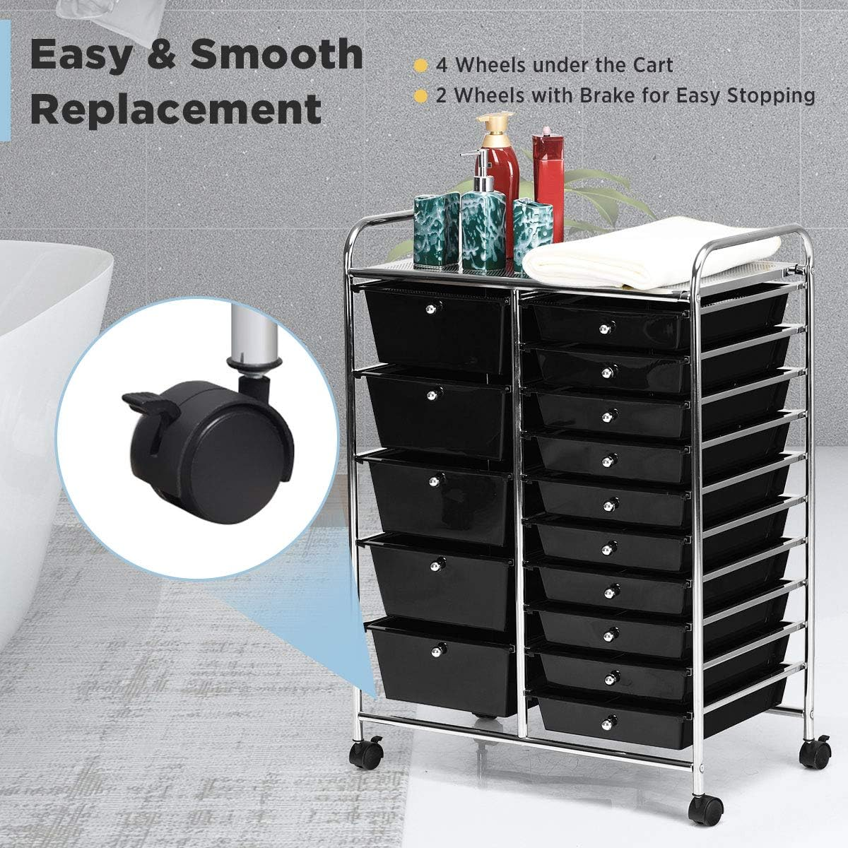 Costway 15-Drawer Rolling Storage Cart, Mobile & Lightweight File Cabinet Trolley Rack, Black, Metal & Plastic, Ideal for Home, Office, School, Kitchen, Beauty Salon