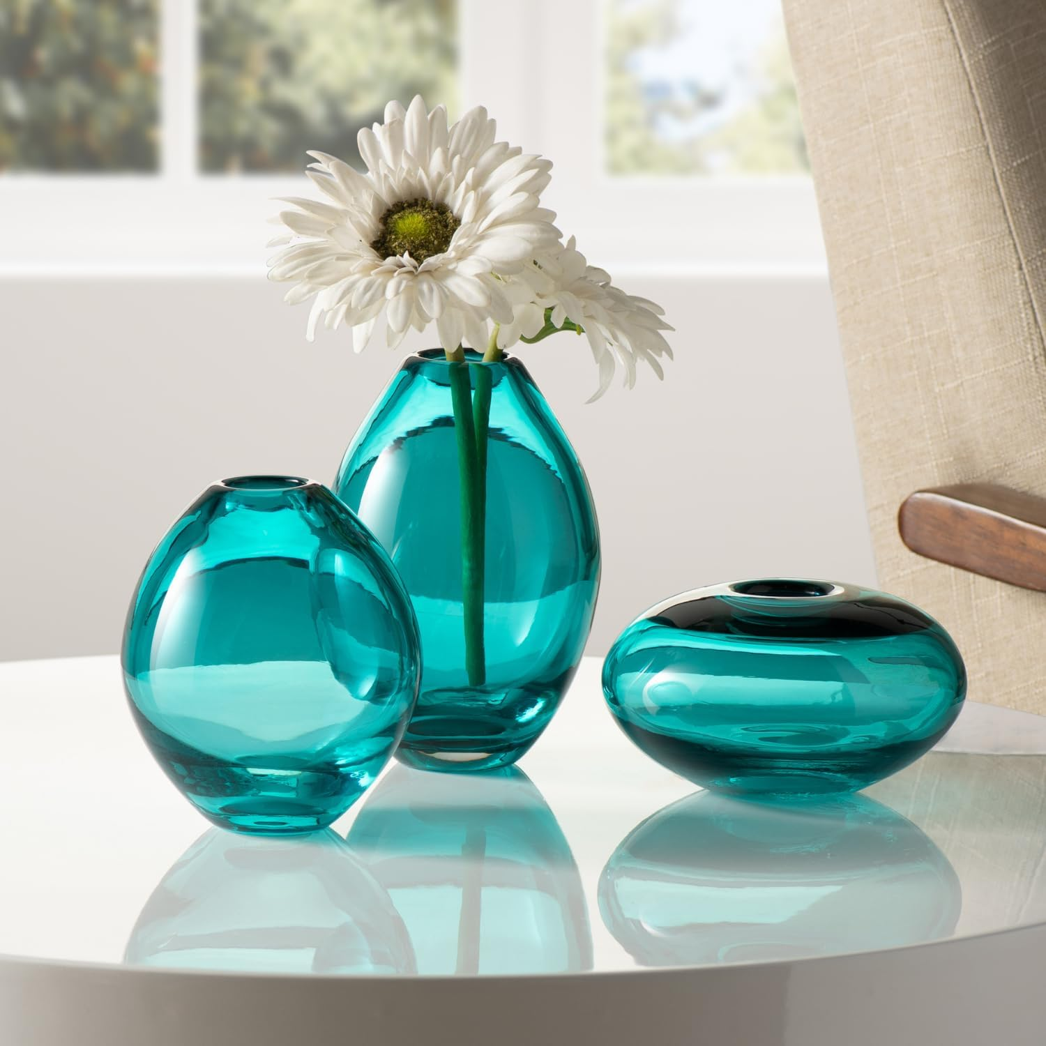 Torre & Tagus Mini Glass Vases | Art Glass Bud Vase Set of 3 Small Flower Vases for Home Decor, Dark Teal Vase for Table Decor, Handblown Clear Glass Vases for Flowers, Handmade Glass Teal Decor - Turquoise image number 1
