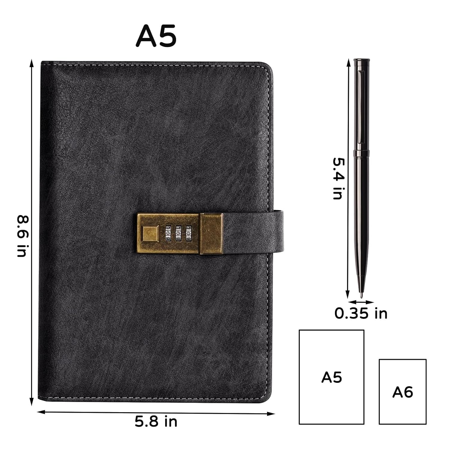 WEMATE Diary with Lock, A5 PU Leather Journal with Lock 240 Pages, Vintage Locks Journal Password Notebook with Pen, Locks Diary Planner Organizer for Men and Women, 8.6X5.8In Black image number 4