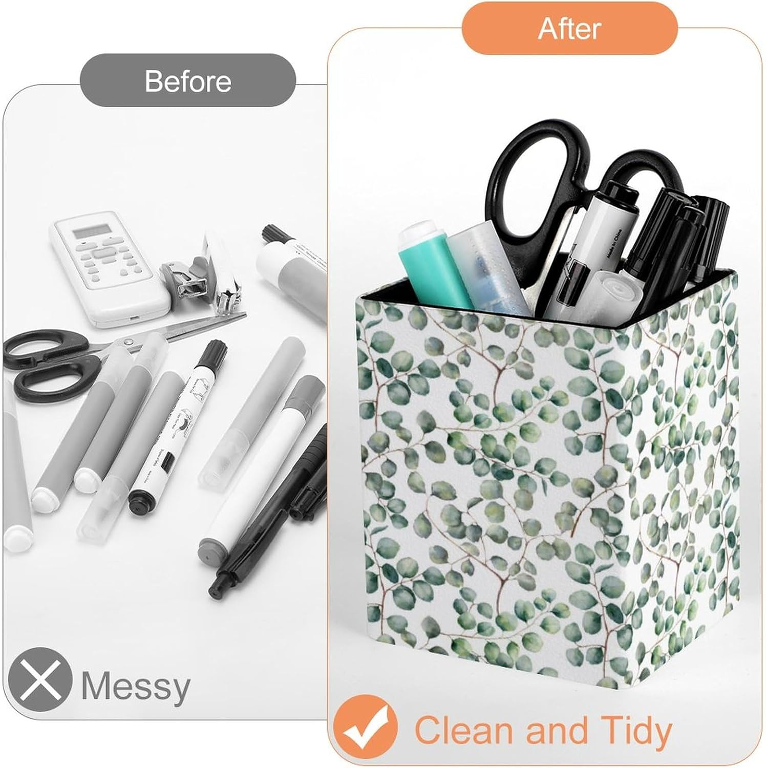 Quteprint Square Pencil Holder, Eucalyptus Green Leaves Plant Pen Holder for Desk, PU Office Pen Organizer Desk Accessories Pencil Cup Desktop Stationery Storage Makeup Brush Holder for Home Bathroom image number 5