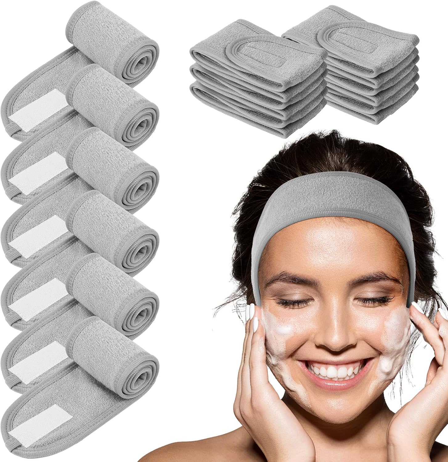 LOPHE 6 Pack Spa Headband, Facial Makeup Hair Wrap with Adjustable Magic Sticker, Women Skincare Headband, Washband for Shower, Headband for Washing Face Shower Sports (White)