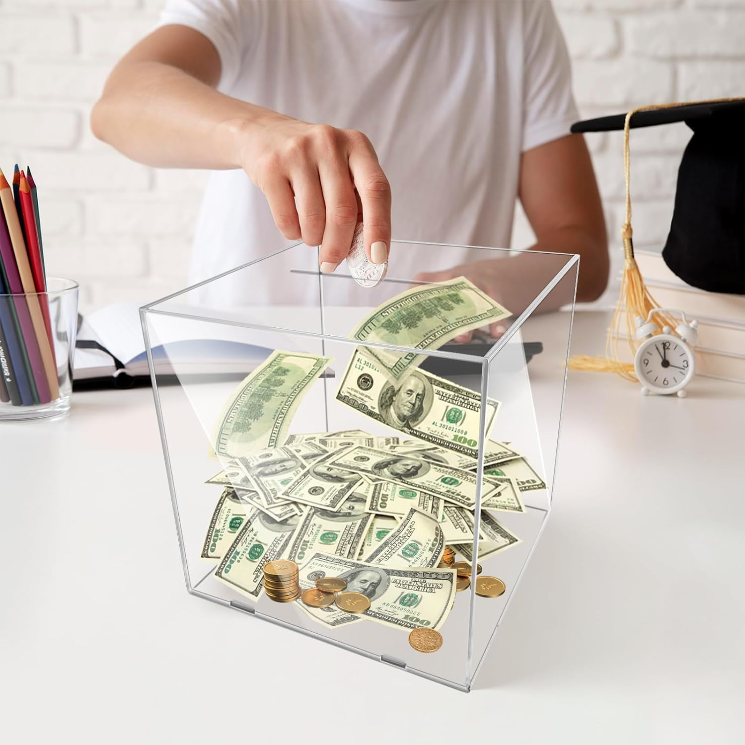 Clear Piggy Bank, Acrylic Money Bank Transparent Coins Saving Pot Cash Container Box Coin Jar Money Saving Box for Adults Kids Birthday Gifts (15X15Cm) image number 5