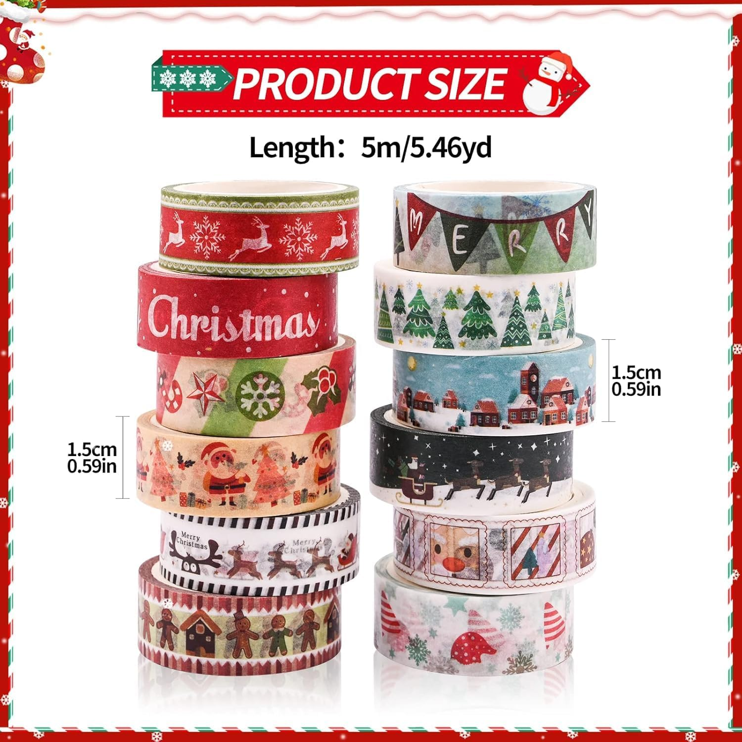 Christmas Washi Tape Sets, 12 Washi Masking Tape Christmas Decorative Tape for Gift Packaging Scrapbooking DIY Handicrafts Gift Wrapping image number 4