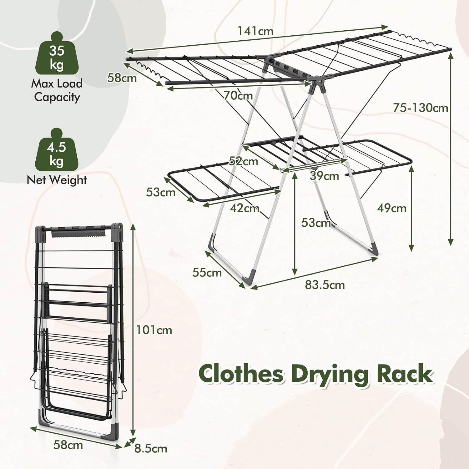 Giantex 2-Tier Clothes Drying Rack, Foldable Clothing Laundry Rack with 33 Drying Rails, Height Adjustable Gullwings, Sock Clips, Wave-Shaped Bars & Stainless Steel Legs, Indoor Outdoor Use