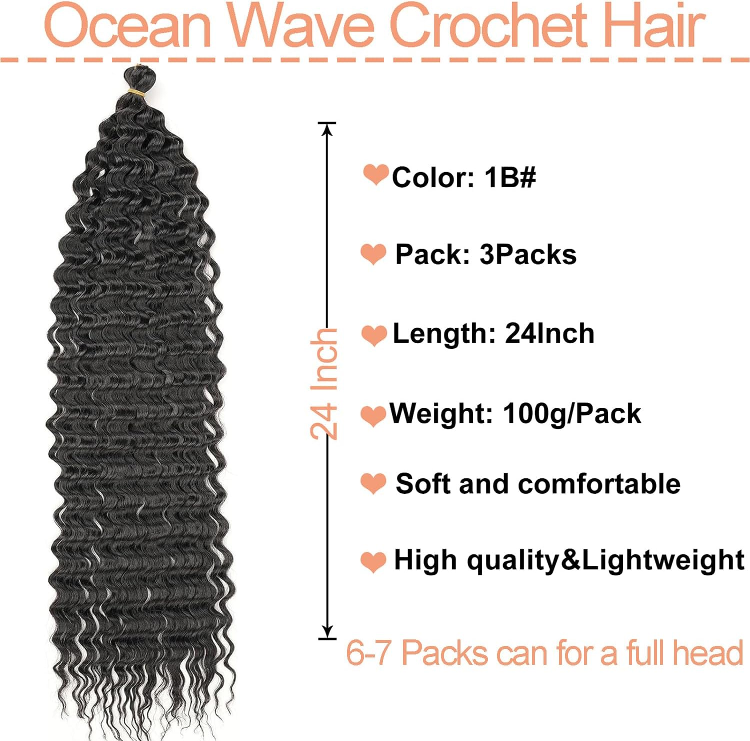 Mscat 24 Inch Ocean Wave 3Pack Crochet Hair Extexsions Long Braids Deep Wave Synthetic Hair Curly Braiding Hair for Black Women 1B# image number 7