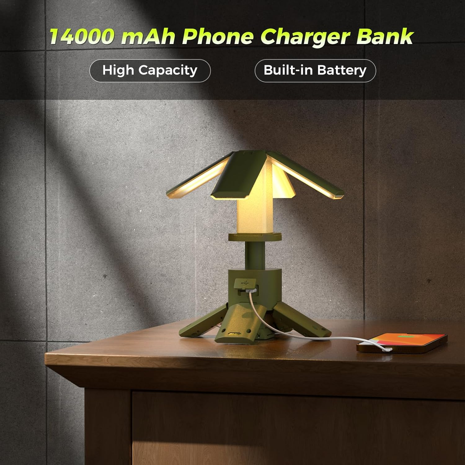 Telescopic Camping Lights Rechargeable 14000 Mah Led Multifunction Magnetic Lanterns Job Site Lighting Cordless Dimmable Camping Tent Lamp Portable Power Supply 6000LM IPX5 Waterproof (Green)