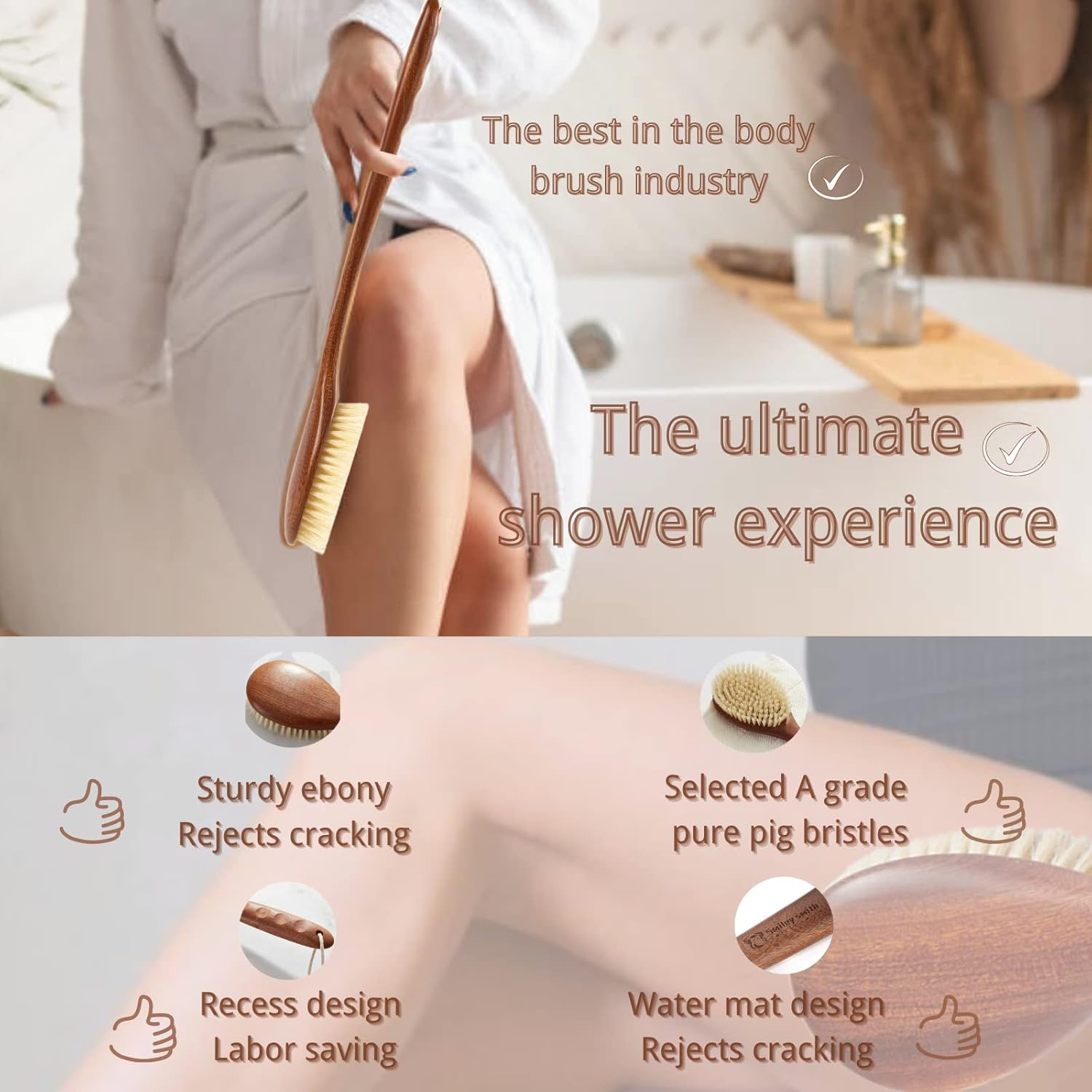 Focused on the Bathing Experience with Dry Brushing Body Brush, Long Wooden Handle with Back Scrubber ,Shower Brush for Exfoliator Skin and Remove Dead Skin Cells,For Advanced Users Dry Body Brush image number 5
