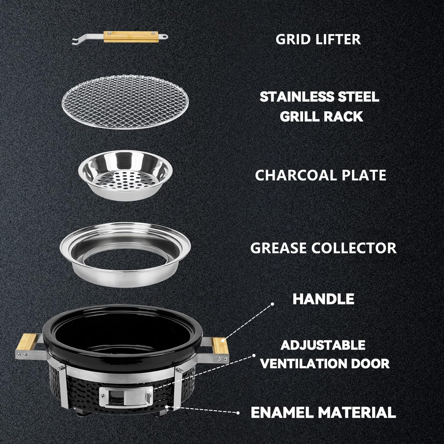 Onlyfire Ceramic Hibachi Charcoal Grill with Grid Lifter, 14" Portable BBQ Yakitori Grill with Stainless Steel Grate for Outdoor Patio Backyard Barbecue Cooking, GS305 image number 5