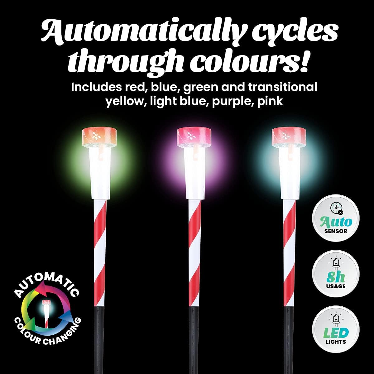 CHRISTMAS by SAS - 24Pcs Garden Stake LED Solar Light, Automatically Cycles through Colours, Red, Blue, Green, Yellow, Light Blue, Purple, Pink, 36Cm Striped Red & White, Outdoor Christmas Decor image number 2