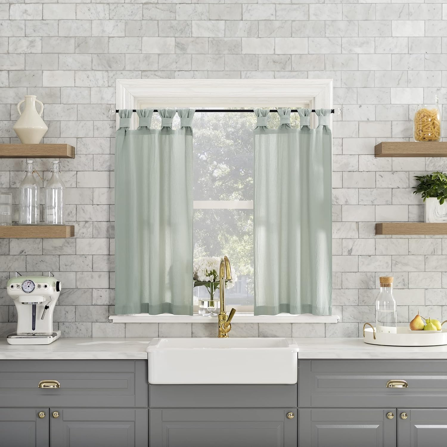 Archaeo Washed Cotton Small Window Twist Tab Cafe Curtains, 52" X 45", Seafoam Green image number 5