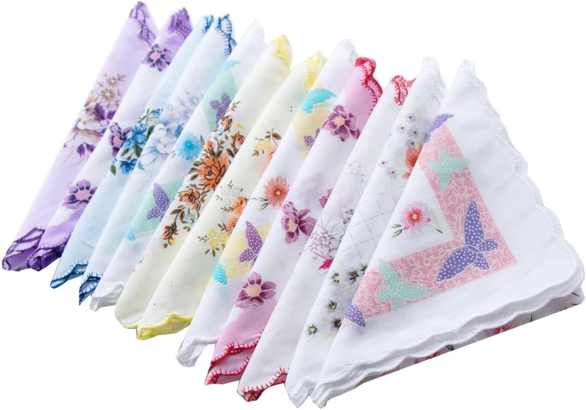 MZLIU Womens Girls Vintage Floral Cotton Handkerchiefs with Scalloped Edge Hankies image number 1