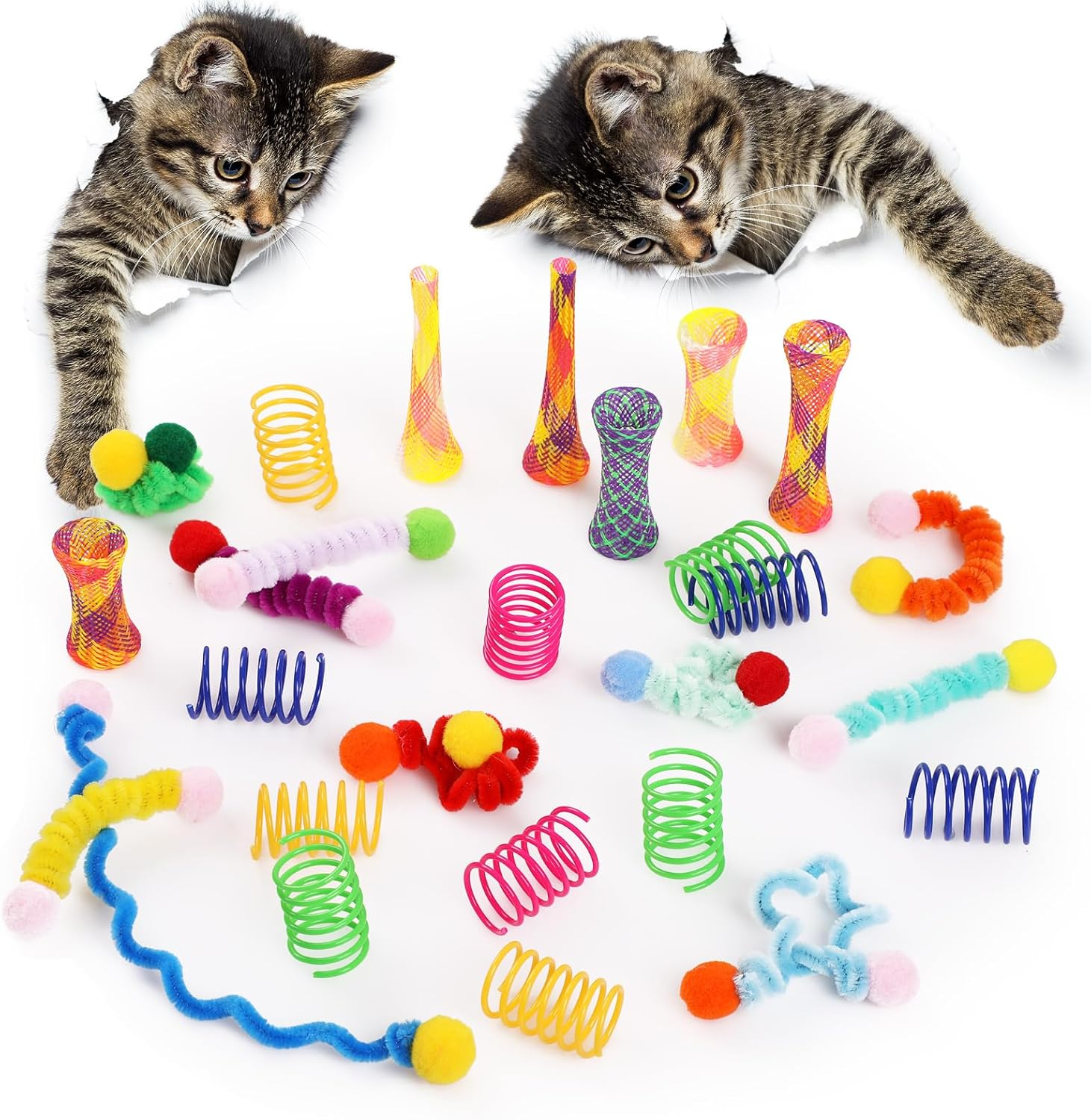 42Pcs Cat Spring Toys，Geeric 20 Short Springs+12 Plush Toy+10 Elastic Hose Tube Colorful Folding Bouncing Mesh Pet Spring Tube Kitten Toy Portable Interactive Cats Toys to Swat, Bite, Hunt In/Outdoor image number 4