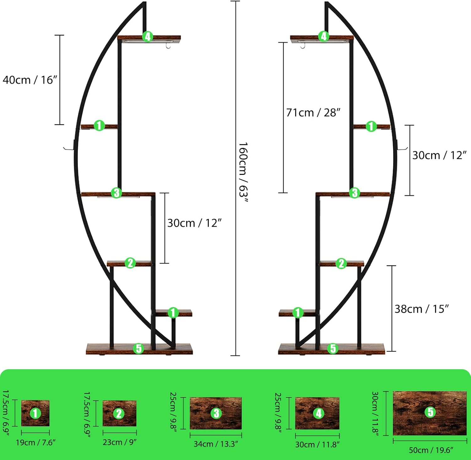 63" Plant Stand Indoor, 6-Tiered Indoor Plant Shelf with Grow Lights Can Hold a Variety of Indoor Plants, Half-Moon Plant Rack Display Shelf, Suitable for Terrace, Living Room (2 Pack) image number 4