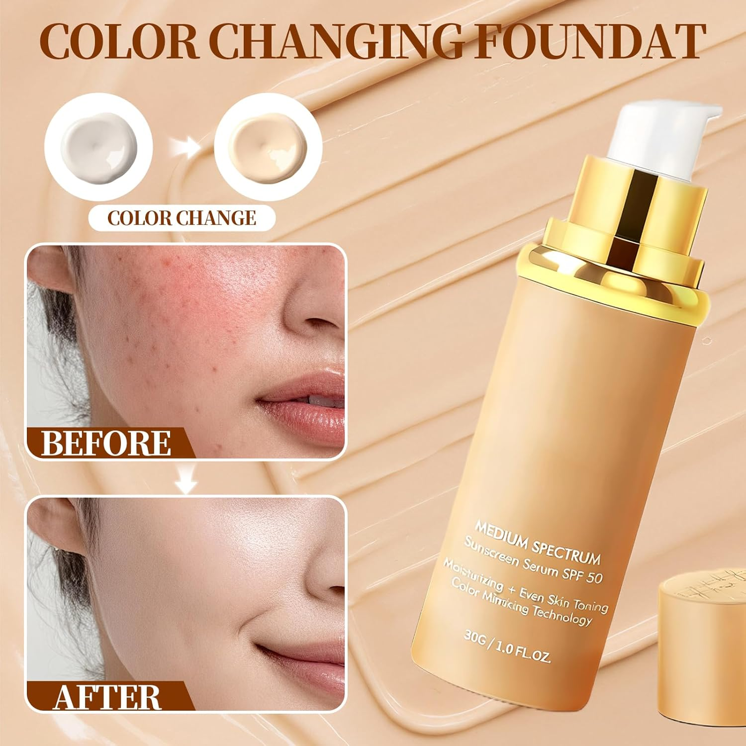 Depehelp Foundation 4 in 1 - Color Changing Foundation, Medium Spectrum, Hypoallergenic Hydrating Liquid Concealer, Long-Lasting & Waterproof Natural Finish for All Skin