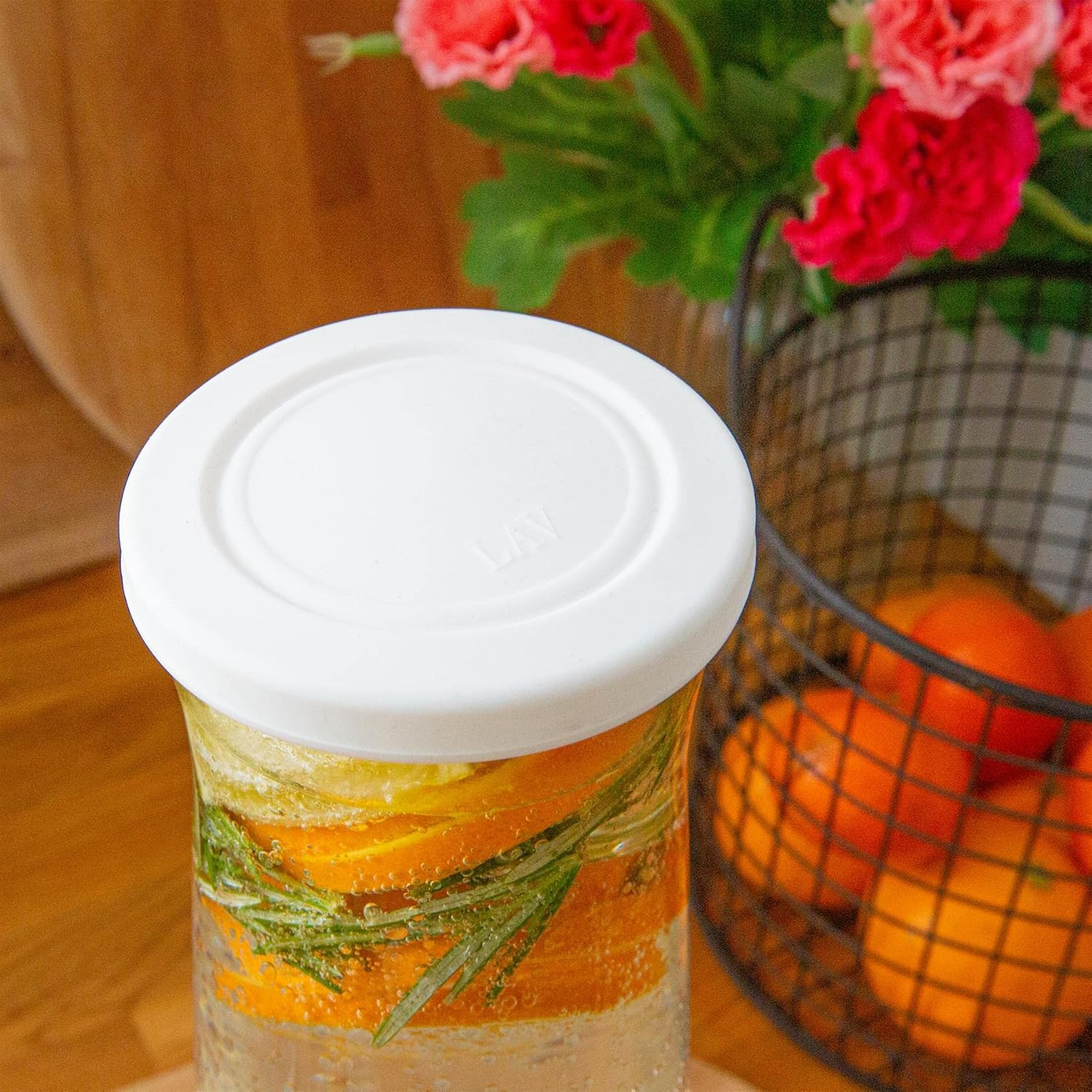 LAV Vera Glass Carafes - Set of 2 X 1.2L Water & Juice Pitchers with White Silicone Lids - Airtight Glass Jugs for Wine, Cocktails, or Food Storage - Durable & Dishwasher Safe image number 2