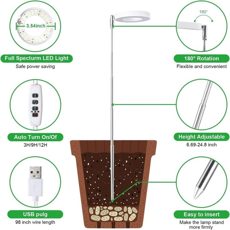 Vervex 4 Head Grow Light for Indoor Plants, 7.9" Full Spectrum LED Plant Grow Light, Height Adjustable Growing Lamp with Auto Timer 3H/9H/12H, 10 Dimmable Levels, Ideal for Indoor Large Tall Plants image number 4