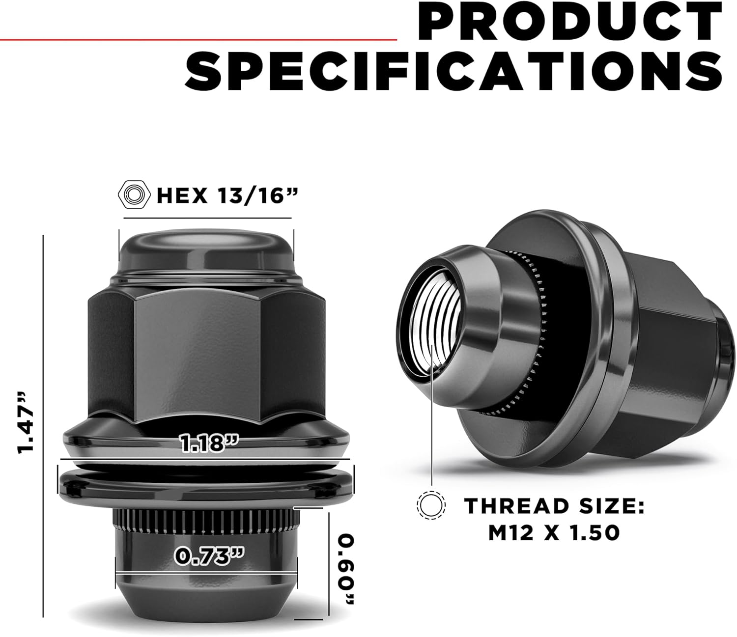 White Knight 5307L M12X1.50 Toyota SUV OEM Factory Style Mag Lug Nut with Washer, 4 Pack 1.47" Height Black image number 6
