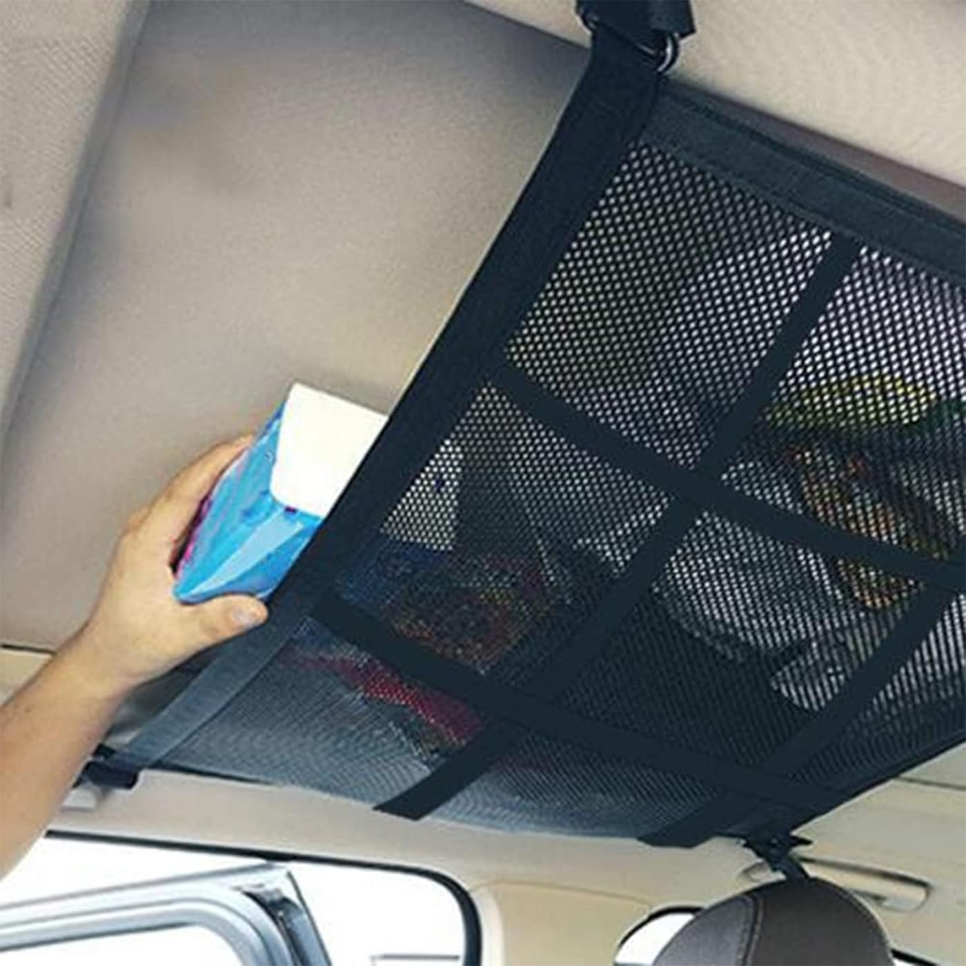 Travel Cargo Net SUV Ceiling Cargo Net Pocket，80 X 55 Cm Adjustable Double Large Car Ceiling Storage Net, Mesh Car Roof Organizer Long Trip Storage Bag for SUV Long Trip Camping (Black)